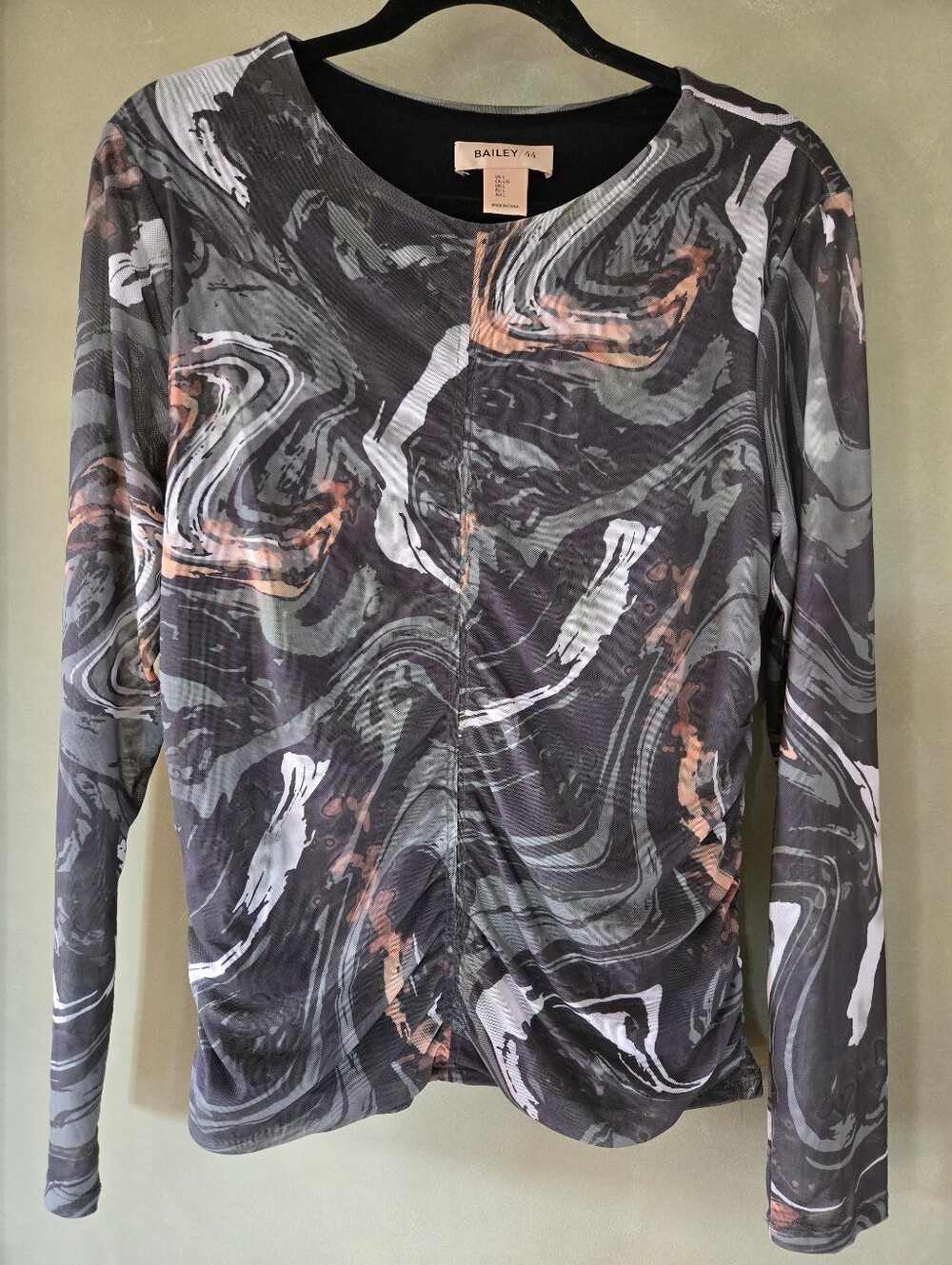 Bailey 44 (220$) | Abstract Marble Mesh Bodycon Top w/ Sheer Sleeves, Size L - Picture 2 of 8